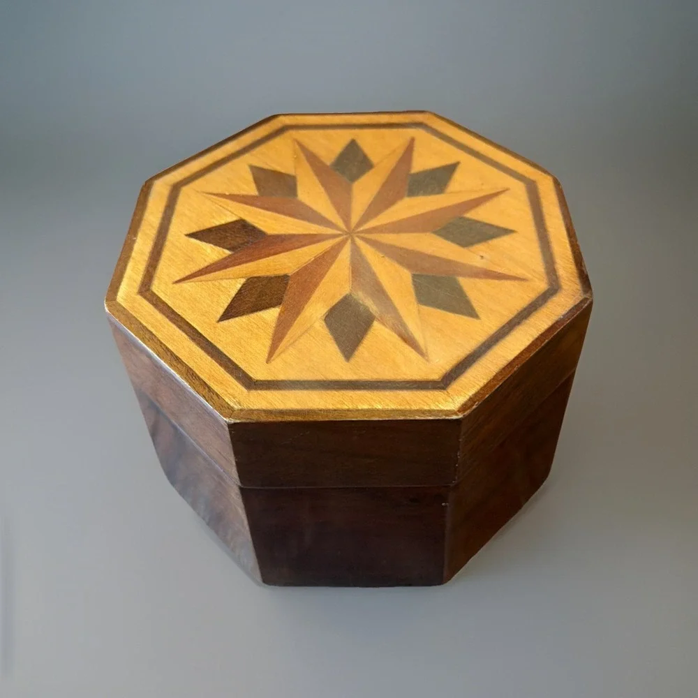 Vtg 80s Octagonal‎ Inlaid Marquetry Wooden Trinket Jewelry Box Hinged Velour